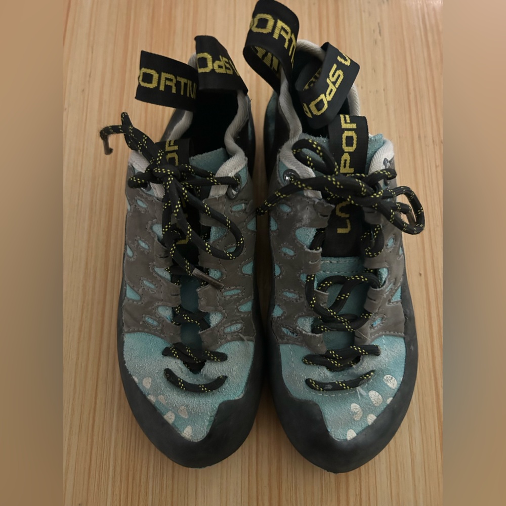 La Sportiva Teal and Gray Climbing Shoes